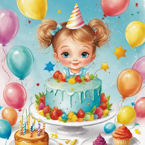 Create playful clip art images for a children's birthday party invitation.,little girl with balloons,children's birthday,clipart cake,happy birthday balloons,first birthday,second birthday,birthday ba