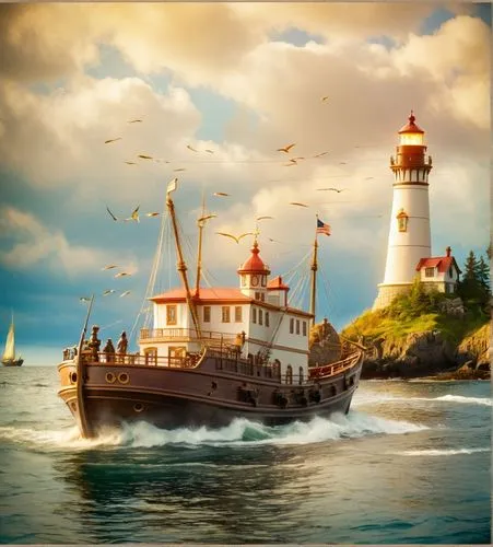 a fishing ship moves to the ligththouse,a large boat in the ocean near the lighthouse,lighthouses,lightkeeper,mackinac island,ferryboats,schoolship,thimble islands,Illustration,Retro,Retro 13