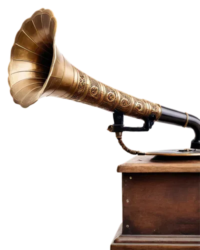 Old gramophone, vintage, intricate carvings, golden metal, brown wooden box, cylindrical horn, spiral cord, antique buttons, soft warm lighting, shallow depth of field, 3/4 composition, cinematic tone