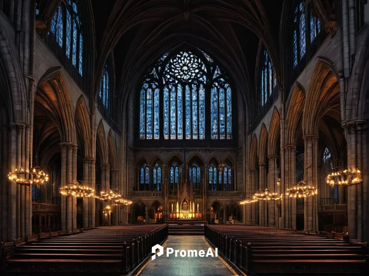 Gothic NYC building, grand cathedral, intricate stone carvings, pointed arches, ribbed vaults, stunning stained glass windows, towering spires, dramatic night lighting, misty atmosphere, foggy streets