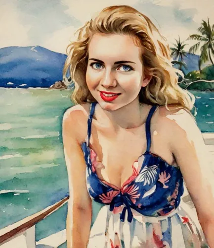 The blonde smiles. Image in the style of Diego Rodriguez de Silva Velazquez,watercolor pin up,marilyn monroe,grace kelly,watercolor painting,girl on the boat,marylin monroe,ingrid bergman,marilyn,davi