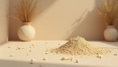 Sand material, natural texture, beige color, rough surface, scattered on floor, decorative vase, minimalist room, modern interior design, empty space, warm lighting, shallow depth of field, still life