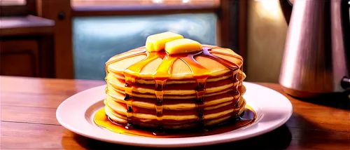 Homemade pancake, breakfast food, golden brown, syrup dripping, butter melting, fluffy texture, round shape, white plate, kitchen counter, morning sunlight, warm atmosphere, shallow depth of field, so