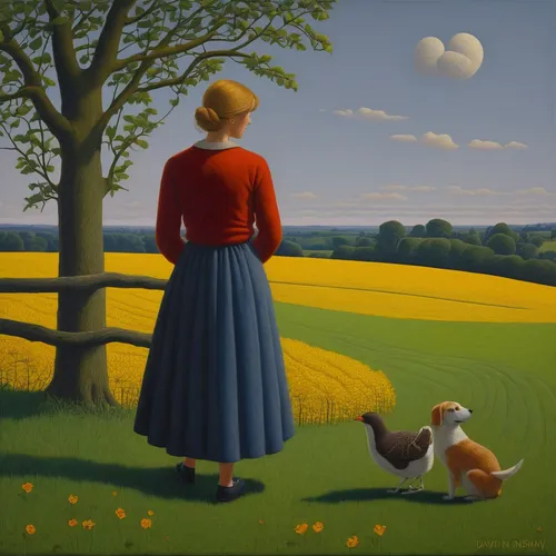 grant wood,girl with dog,girl picking apples,rural landscape,girl with bread-and-butter,woman with ice-cream,farm landscape,green fields,woman holding pie,field of rapeseeds,girl picking flowers,girl in the garden,woman eating apple,carol colman,yellow grass,girl lying on the grass,idyll,woman playing,suitcase in field,carol m highsmith,Art,Artistic Painting,Artistic Painting 30