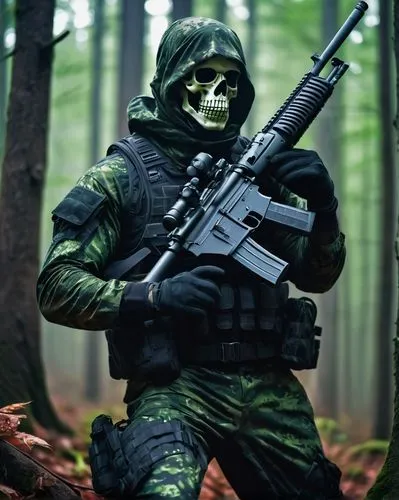 Muscular man, skeleton costume, sniper rifle, camouflaged outfit, black tactical gloves, combat boots, green forest, misty atmosphere, low-angle shot, dramatic lighting, intense facial expression, col