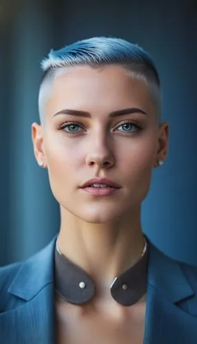 face model, suit, Mohawk haircut with shaved sides,face model, suit, Mohawk blue haircut with shaved sides,liara,ceo,buzzcut,asari,blur office background,demihuman,Photography,General,Cinematic