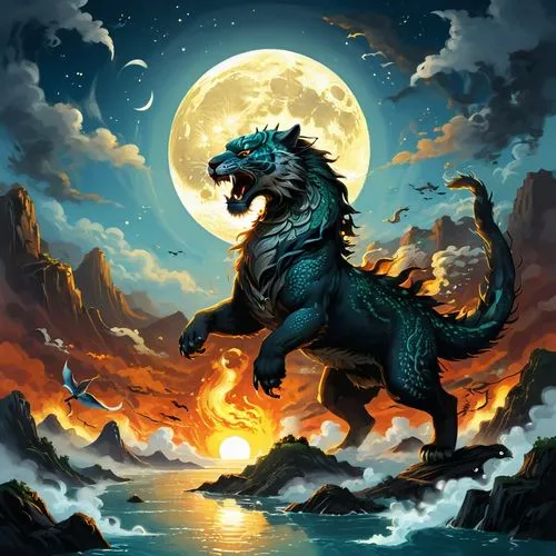 barghuti,howling wolf,fenrir,black dragon,werewolve,moondragon,darigan,constellation wolf,painted dragon,chimera,black horse,barghest,beheira,sleipnir,kaijuka,alpha horse,dragon of earth,neibaur,fire horse,fantasy animal,Art,Classical Oil Painting,Classical Oil Painting 32