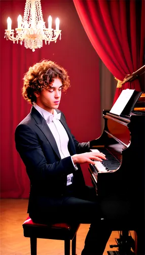 Grand piano, luxurious interior, dimmed chandelier, spotlight on piano keys, dramatic shadows, intense finger movements, curly brown hair, white shirt, black suit, emotional facial expression, solo pe