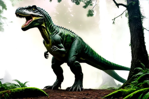 Giganotosaurus, dinosaur, prehistoric creature, green scaly skin, sharp teeth, powerful legs, long tail, massive body, ancient forest, misty atmosphere, warm lighting, low-angle shot, cinematic compos