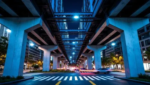 Urban bridge, industrial steel structure, modern architecture, bold color scheme, bright blue accents, silver metallic tones, concrete pillars, urban cityscape, busy traffic flow, dramatic nighttime l