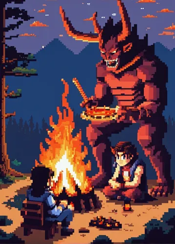 Write a heartwarming scene where Urokodaki bonds with his adopted demon slayers over a campfire.,campfire,campfires,pixel art,fire mountain,firepit,camp fire,barbeque,fire in the mountains,barbecue,bb