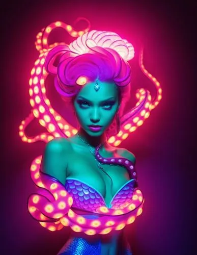 Una joven sirena reina. Envuelta en tentáculos de pulpo,neon body painting,neon light,neon sign,neon lights,neon,neon makeup,blacklight,neon ghosts,black light,electroluminescent,neon candies,uv,neon 