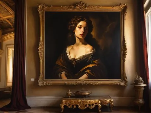 queen anne,portrait of a woman,portrait of a girl,romantic portrait,gothic portrait,paintings,portrait of christi,louvre,meticulous painting,woman sitting,decorative frame,italian painter,holding a frame,cepora judith,fine art,la violetta,neoclassical,artist portrait,peony frame,the magdalene,Conceptual Art,Oil color,Oil Color 08