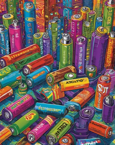 Imagine a futuristic city where AAA batteries are the currency, and write a thrilling heist story centered around stealing a rare, powerful battery.,spray cans,paint cans,colored pencil background,col