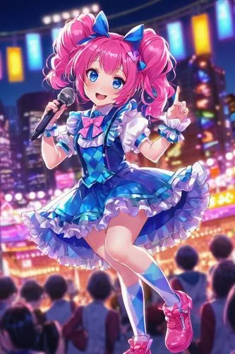 Kasane Teto, fanart, cute idol, solo, (12yo), bright blue eyes, twin tails, pink hair clips, colorful hair bows, sweet smile, sparkly dress, frilly socks, Mary Jane shoes, holding a microphone, standi