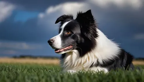 Border Collie, side profile, handsome dog, black and white fur, fluffy ears, bright brown eyes, slightly tilted head, sitting, grassy lawn, sunny afternoon, gentle breeze, few clouds in the sky, shall