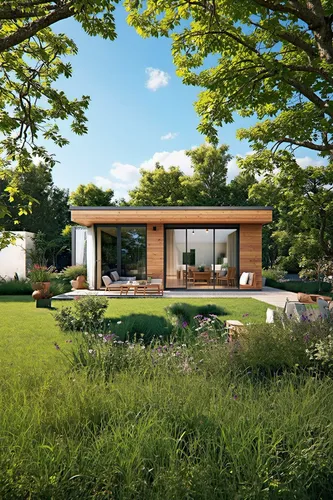 an artist's rendering of a modern home surrounded by trees,landscape design sydney,3d rendering,modern house,landscape designers sydney,mid century house,render