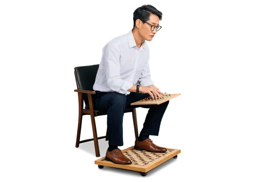 Vietnamese go player, mature man, short hair, glasses, formal wear, white shirt, black pants, brown leather shoes, holding go board, sitting, focused expression, soft lighting, 3/4 composition, warm c