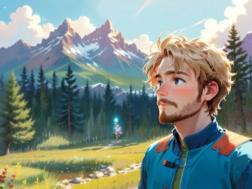 a 2d drawing, vector style of a 30 year old man. He has brown hairs and a brown beard,a man in front of mountains and trees looking into the distance,the spirit of the mountains,kamille,star-lord pete