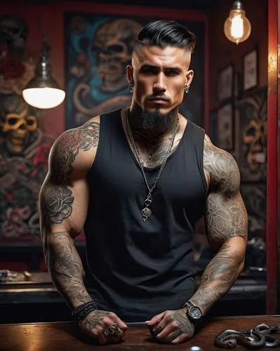 Muscular man, tattoo artist, intense gaze, sleeveless shirt, ripped jeans, bold black tattoos covering arms, chest, and back, intricate designs with skulls, roses, and snakes, golden earring, strong j