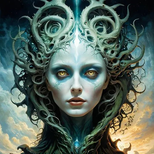 medusa,amidala,the enchantress,seelie,priestess,blue enchantress,fantasy portrait,unseelie,hecate,eldritch,enchantress,promethea,gorgon,sorceress,galadriel,undine,morwen,mordenkainen,fathom,sigyn,Illustration,American Style,American Style 08