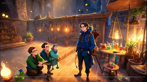 a group of people sitting around in front of a castle,merula,bonnefoy,triwizard,ravenclaw,rumpelstiltskin,dandelion hall,Anime,Anime,General