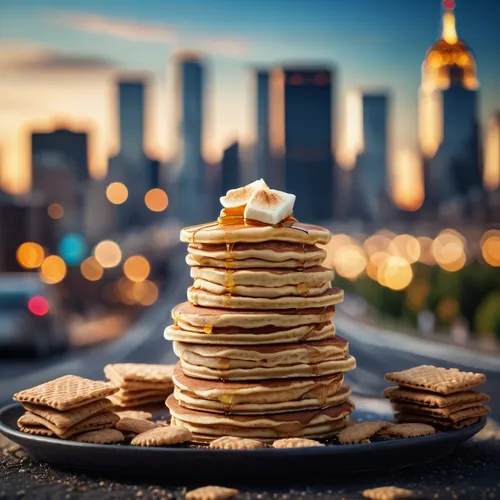 Picture a city skyline with skyscrapers crafted from stacked pancakes and roads paved with graham crackers,american pancakes,berlin pancake,plate of pancakes,pancakes,stack cake,pancake week,small pan