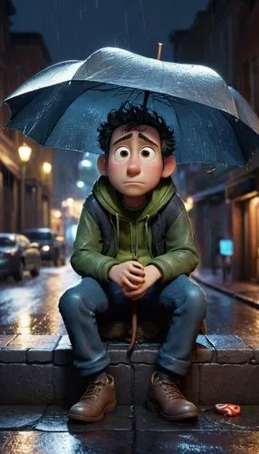 A man, wearing trendy clothes, sitting on a curb with his tail between his legs in a rainy street, totally wetting, hands both in pockets, hopeless and despair, night, Pixar 3D style ,in the rain,walk