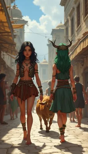 Draw in anime style: A Byzantine city marketplace. The people in the background are wearing Byzantine clothing. A barefoot, mean-looking Polynesian girl, with good muscle tone, ebony tan, wearing an u