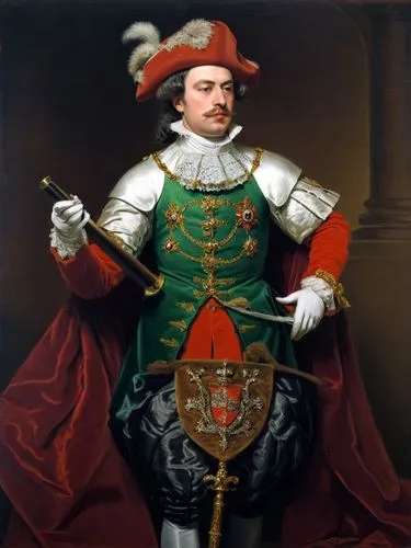 Carl, Duke of Munsterberg, lifelike and vividly colored,a painting of an old man in uniform holding a sword,condottiero,pieterszoon,landsknecht,galeazzo,condottieri,lehzen,pierferdinando,cavalera,tudo