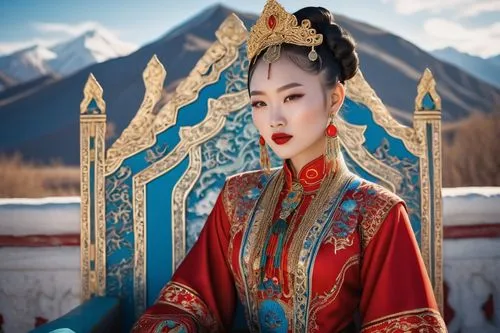 Mongolian princess, traditional clothing, golden accessories, intricate braids, bright red lipstick, porcelain skin, slender waist, delicate fingers, ornate throne, luxurious fabrics, ancient palace, 