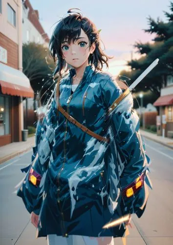 a  is standing on the sidewalk holding a sword,shimei,yanmei,parka,fubuki,longmei,kumiko,Anime,Anime,Realistic