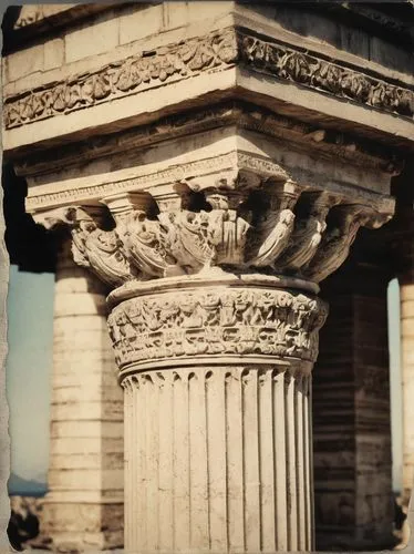 Ancient Greek architecture, stone stamp, intricate carvings, ornate details, marble texture, column capital, symmetrical composition, warm sunlight, soft shadows, high-contrast lighting, dramatic angl