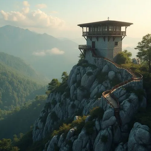 tigers nest,lookout tower,wudang,couloumbis,watch tower,overlook,summit castle,observation tower,house in mountains,mountain settlement,eagles nest,watchtower,eyrie,house in the mountains,cliffside,dojo,uncharted,stone pagoda,watchtowers,hushan,Photography,General,Realistic