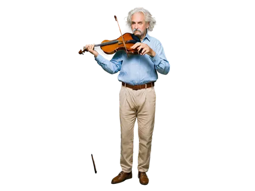 Einstein, free style, wild hair, bushy eyebrows, mustache, wise eyes, wrinkled face, casual wear, loose fit shirt, high waist pants, leather shoes, holding violin, playing music, relaxed posture, natu