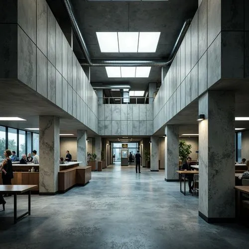 Monolithic clinic building, brutalist architecture, raw concrete walls, industrial-style lighting, functional minimalism, open-plan spaces, modular furniture, stainless steel equipment, medical signag