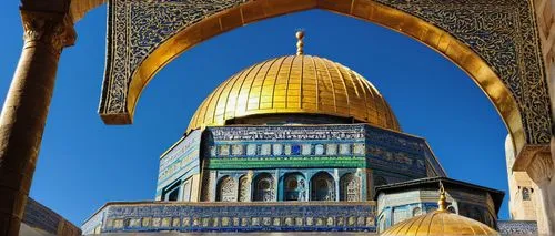 Dome of the Rock, Jerusalem, Islamic architecture, ancient stone structure, intricate Arabic patterns, golden dome, ornate doors, beautiful arches, stone pillars, holy site, vibrant blue sky, warm sun