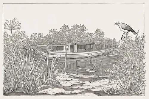 boat landscape,houseboat,wetland,picnic boat,boathouse,boat house,wetlands,floating huts,cd cover,boat shed,airboat,cool woodblock images,wooden boat,rowboat,tidal marsh,fishing float,hand-drawn illustration,herons,pond plants,pond,Illustration,Black and White,Black and White 29