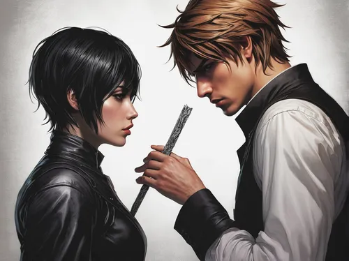 swordsmen,assassins,sword fighting,knives,romance novel,pairing,pair of scissors,yakitori,tension,examining,duet,beautiful girls with katana,kenjutsu,stabbing,romantic portrait,accusing,boy and girl,katana,duel,yukio,Conceptual Art,Fantasy,Fantasy 17