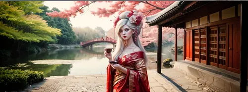 hisako,hanfu,geisha,tomoe,geisha girl,japanese sakura background