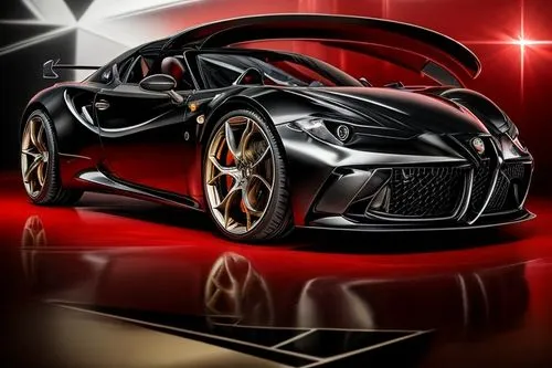 RAW. Right Side view. Low Angel view. Alfa Romeo sports car, in Gucci style, speedster, geometric, black and gold background, studio shot, detailed and hyperrealistic, shiny, dark angry 3d style, dark