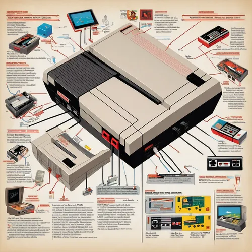 nintendo entertainment system,super nintendo entertainment system,nes,super nintendo,video game console,video consoles,games console,game consoles,master system,game console,gaming console,video game console console,retro 1980s paper,40 years of the 20th century,tape drive,retro technology,snes,videocassette recorder,cartridge,vector infographic,Unique,Design,Infographics