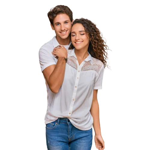 Couple, embracing, loving gaze, gentle smile, soft focus, warm skin tones, curly brown hair, subtle makeup, white shirt, blue jeans, holding hands, leaning forehead, tender moment, intimate atmosphere