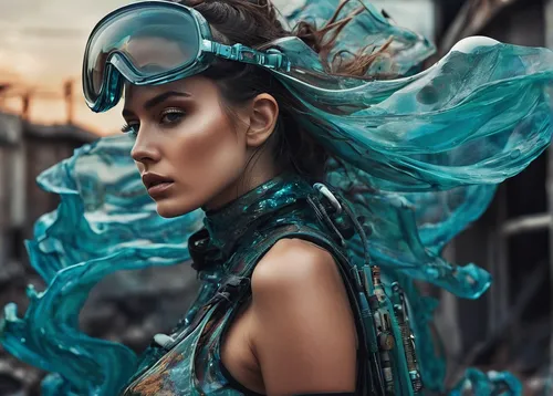 Explore Natalia Alcocer's journey through a post-apocalyptic world.,teal blue asia,color turquoise,turquoise,blue enchantress,fashion street,steampunk,turquoise leather,teal,headpiece,blue peacock,blu