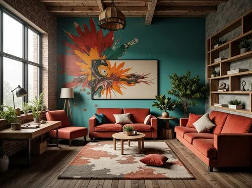 teal and orange,modern decor,contemporary decor,livingroom,loft,living room,interior design,interior decoration,apartment lounge,interior decor,mid century modern,boho art style,sitting room,turquoise leather,interior modern design,3d rendering,boho art,modern living room,great room,modern room