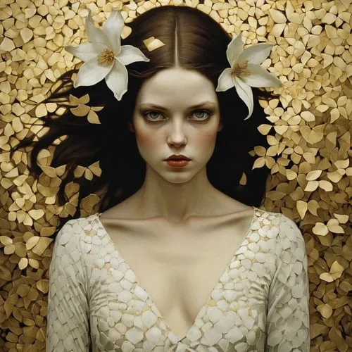 jingna,diwata,star magnolia,magnolia,linden blossom,golden flowers,dried petals,girl in flowers,girl in a wreath,margairaz,dried hydrangeas,magnolia blossom,white petals,flower girl,viveros,white magnolia,flower fairy,persephone,fallen petals,behenna,Illustration,Realistic Fantasy,Realistic Fantasy 09