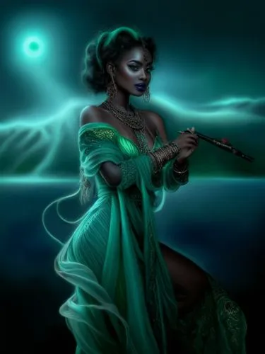 nude Beautiful nigerian girl, full dark curly hair, big green almond eyes, full black lips, misty sky,a woman in a green dress with an arrow,woman playing violin,violin woman,violinist violinist of th