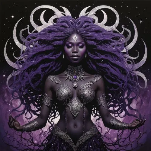 goddess of chaos black skin enigmatic small smile with  long hair chaotic energies purple tones not nude,vodun,medusa,niobe,kerrii,zodiac sign libra,voodoo woman,dark elf,the enchantress,binti,sorcere