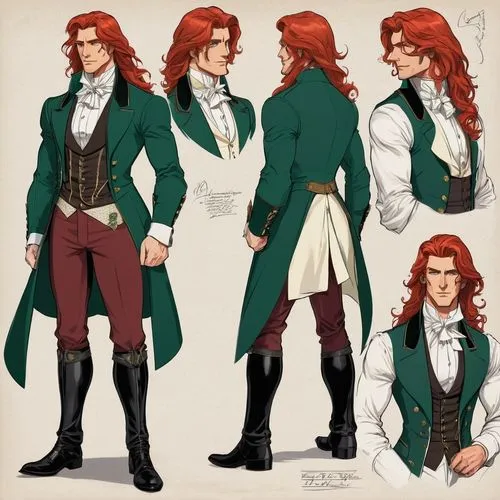 male character,frock coat,robert harbeck,male elf,cavalier,melchior,clary,cravat,cullen skink,konstantin bow,red-haired,jasper,galleon,costume design,male poses for drawing,raphael,merida,rob roy,haighlander,scarlet sail,Unique,Design,Character Design