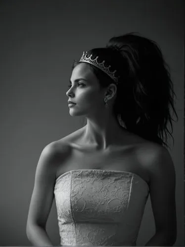 Portrait of a queen, technically optimal high-resolution contemporary black and white photographic art.,black and white portrait of a woman wearing a tiara,bridewealth,wedding photography,princess sof